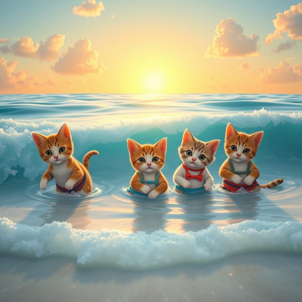 Cats Playing in the Sea: Whimsical Fantasy Art