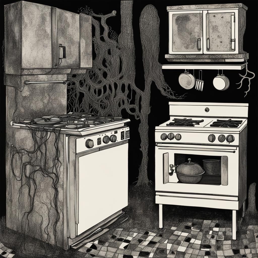 Haunted Kitchen Appliances in Klimt-Inspired Brutalism