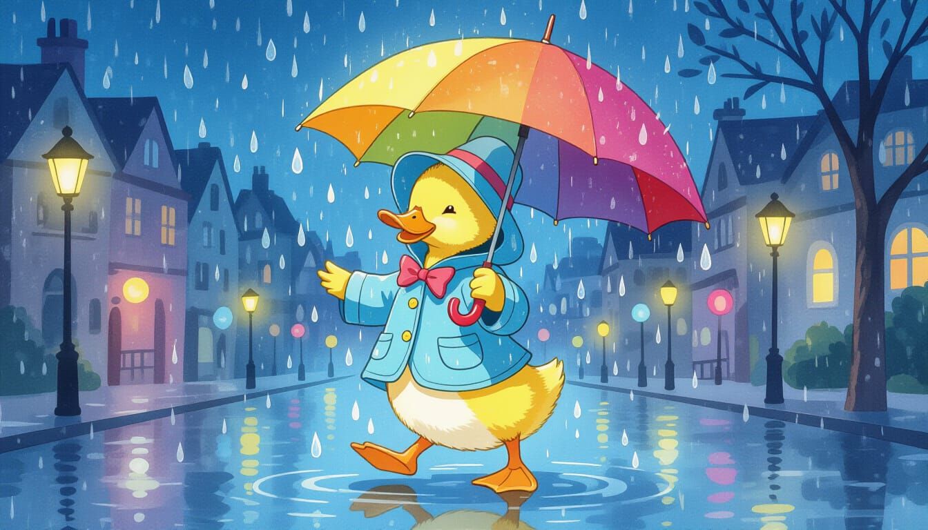 Duckling Dancing in Rainy Cityscape, Watercolor Style