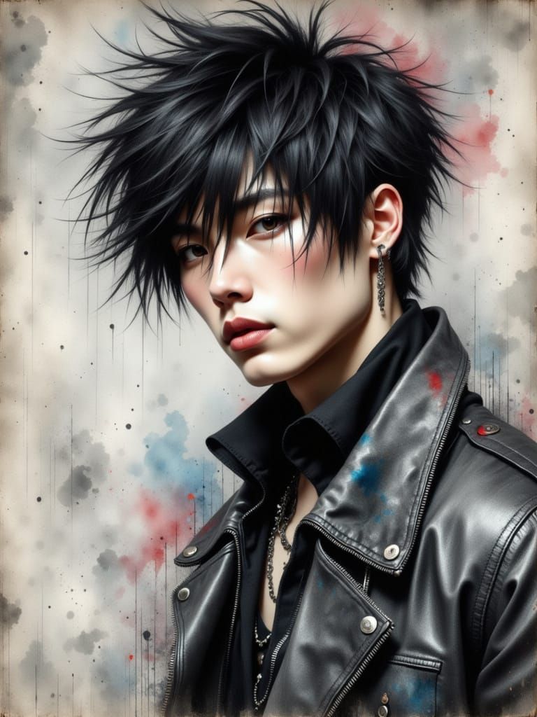 Korean Man Portrait in Neon Grunge Style