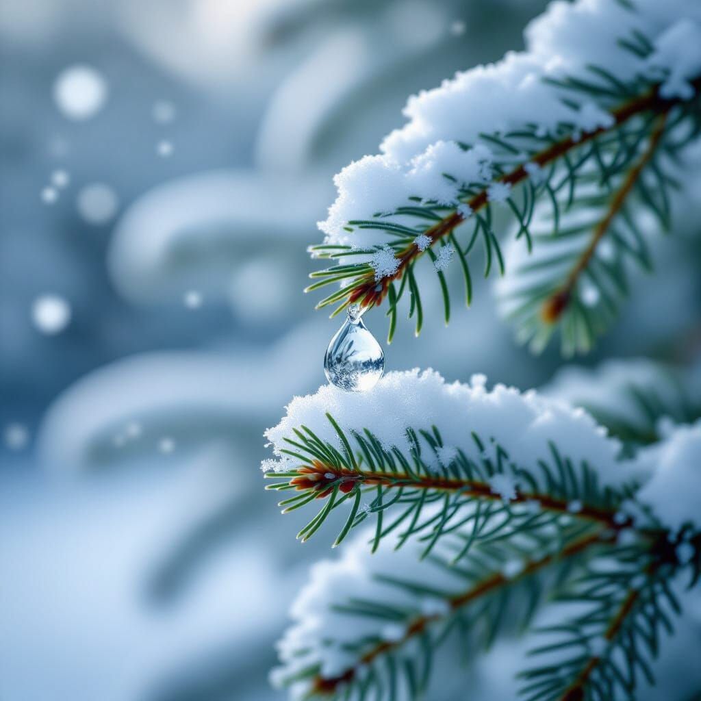 Macro Photo of Raindrop with Ice Crystals on Pine Needle