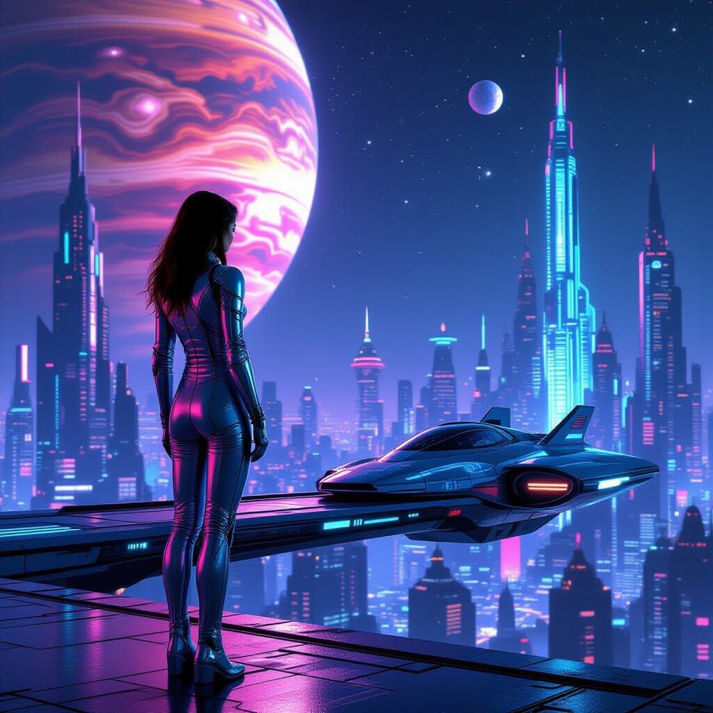 Futuristic Woman in Andromeda Galaxy in Cyberpunk Style