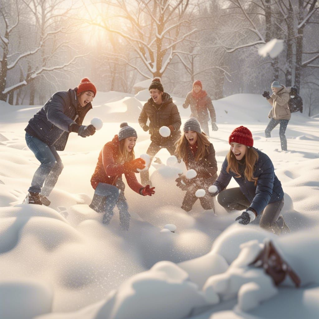 Teenage Friends Snowball Fight on Snowy Day