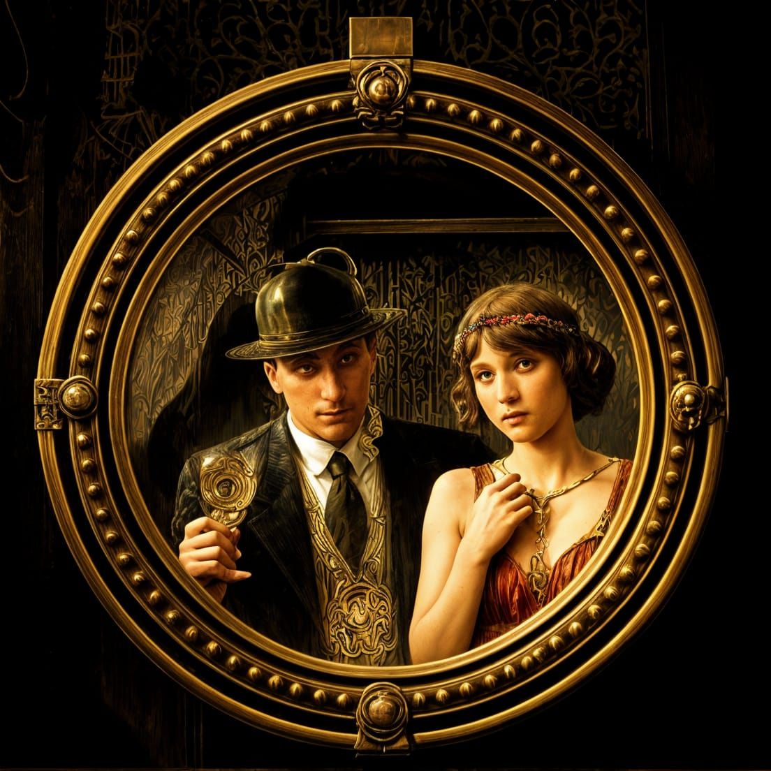 Speakeasy Peephole Scene in Mucha-Parish Style