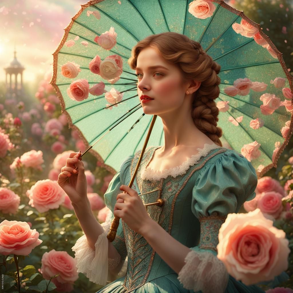 Victorian Lady in Rose Garden, Pre-Raphaelite Style