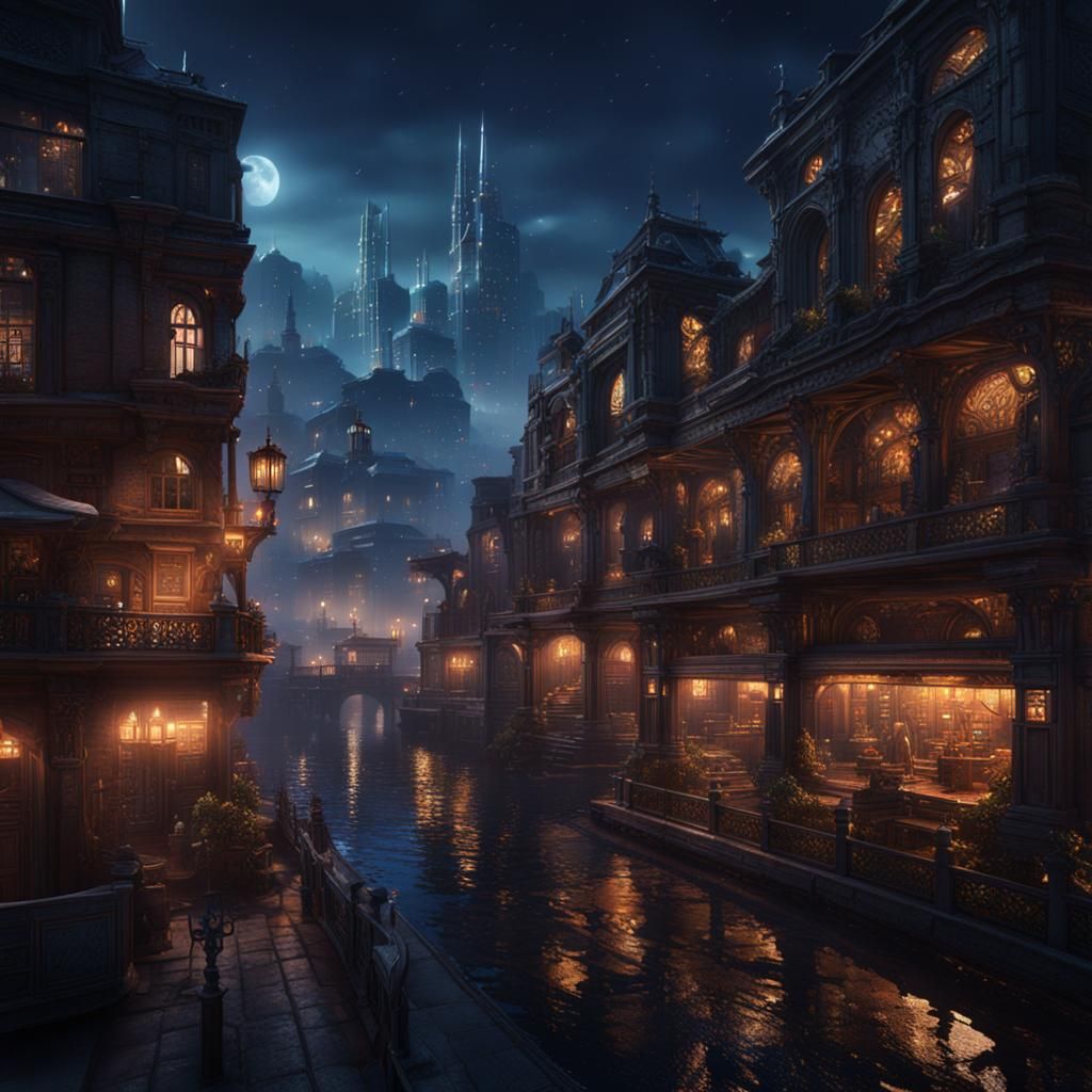 Detailed Nighttime Cityscape in Matte Painting Style