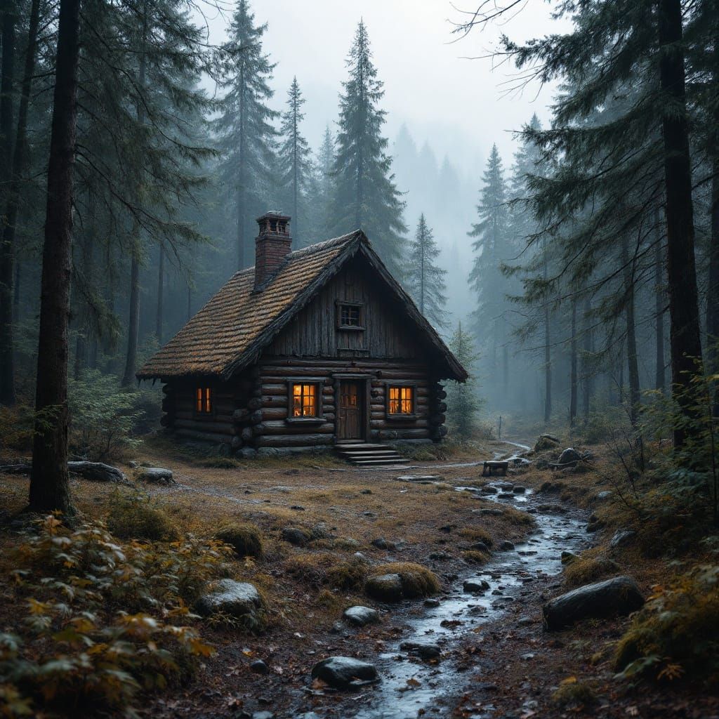 Rustic Log Cabin in Atmospheric Forest, Hyperrealistic HDR