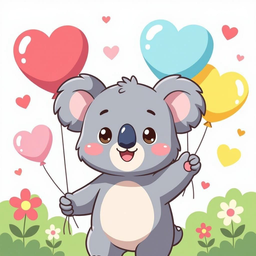 Anime Koala Character with Heart Balloons
