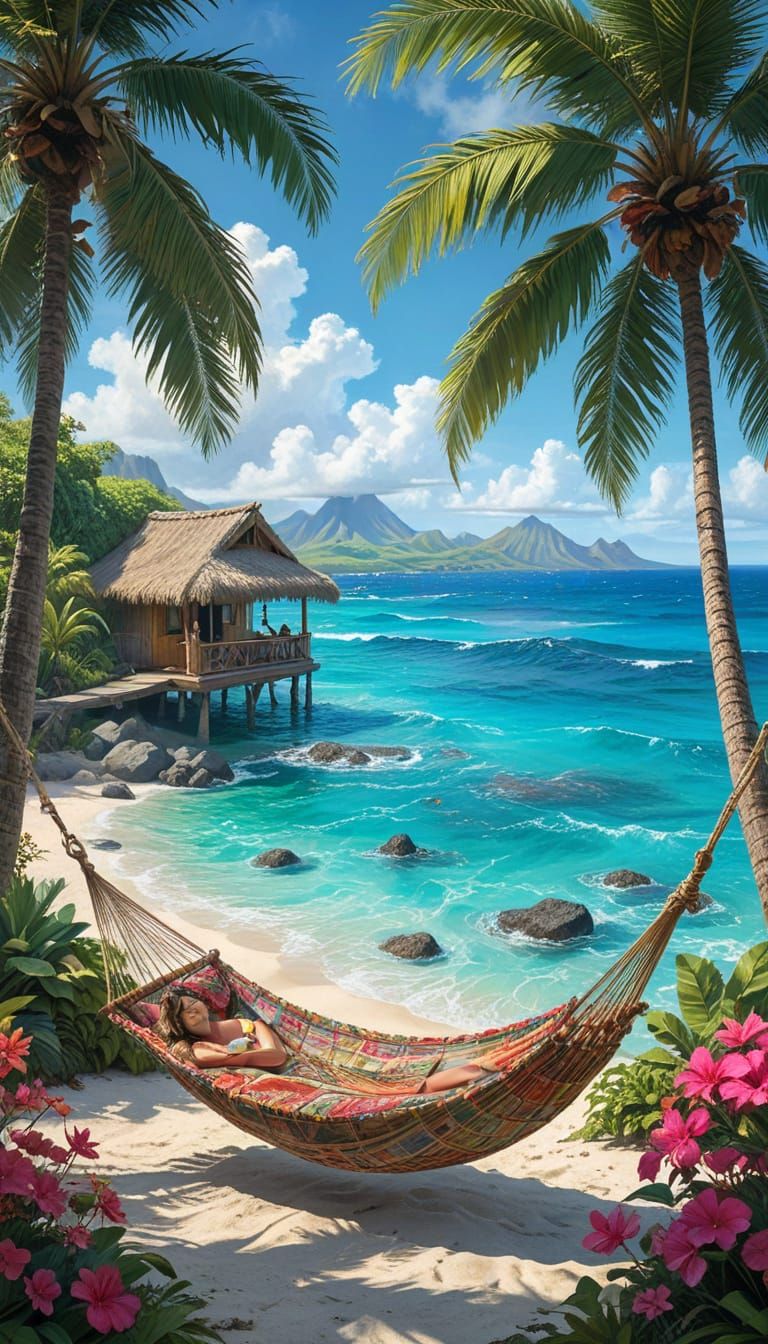 Whimsical Hawaiian Hula Dancer Relaxing in Hammock