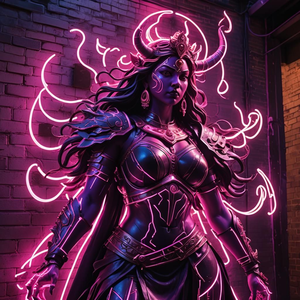 Durga Mata Neon Light Installation in Cyberpunk Style