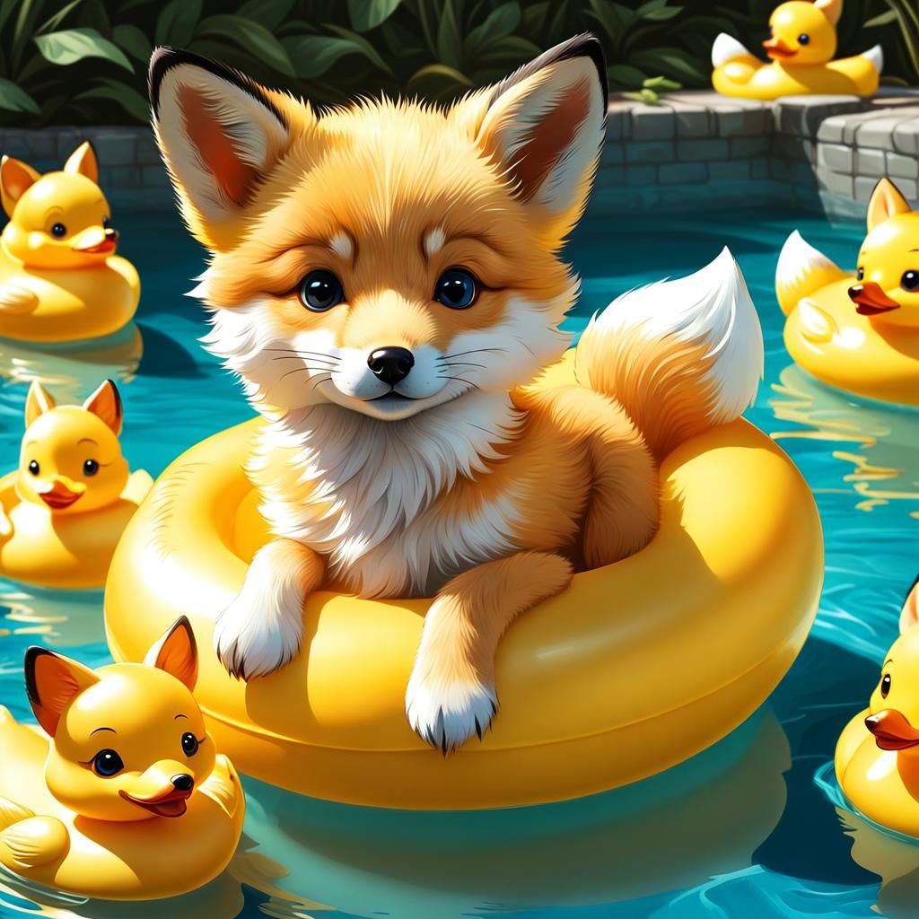 Adorable Fox Pup in Yellow Duck Float