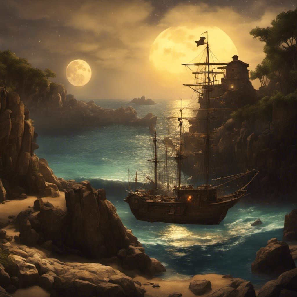 Moonlit Pirate Cove Hideout on Alien World