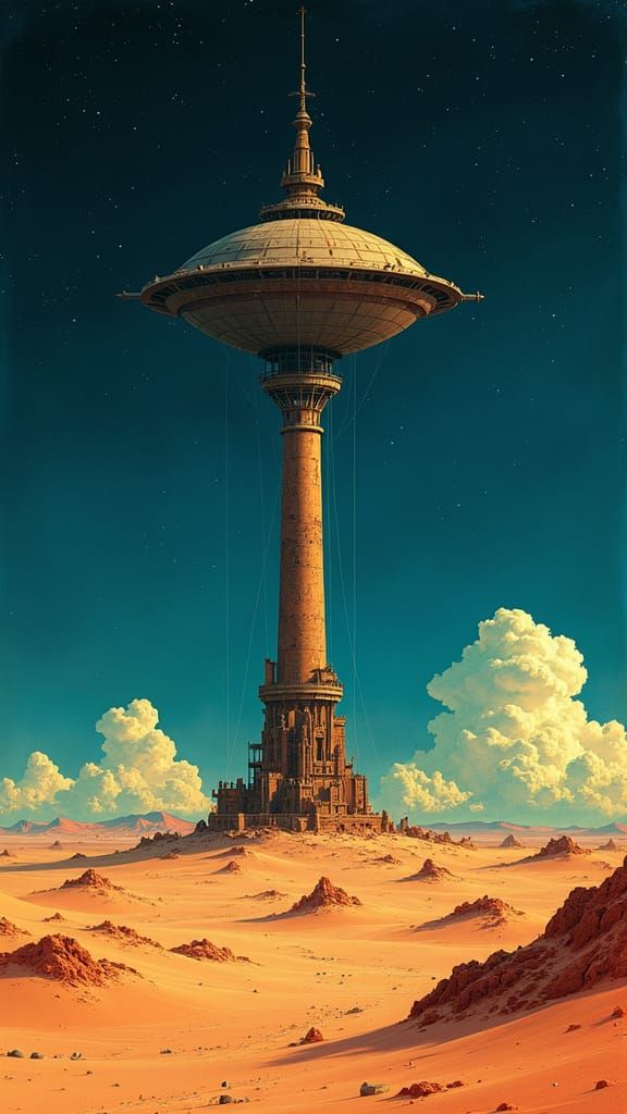 Desert Air Tower and Battleship in Art Nouveau Style