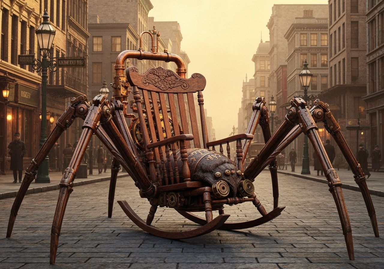 Steampunk Spider Rocking Chair in Victorian Cityscape