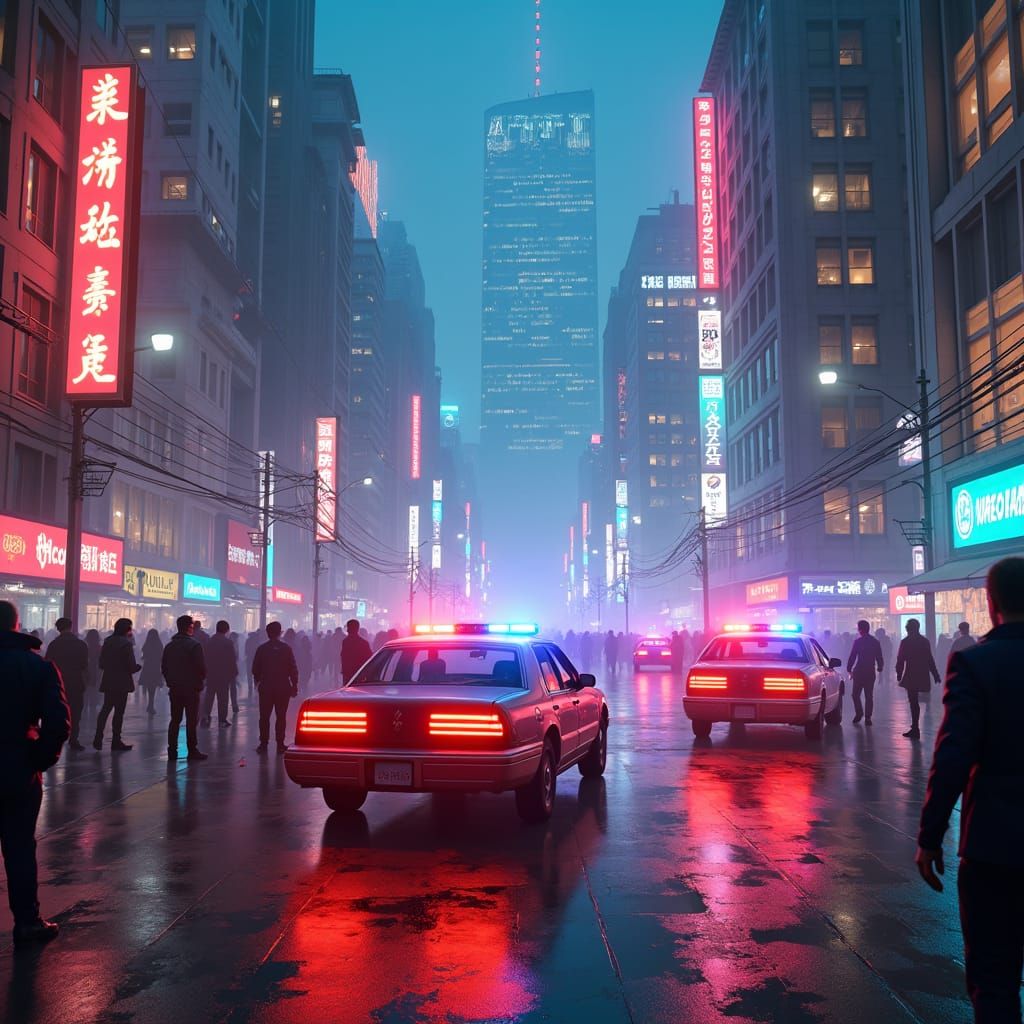 Frenzied Cityscape with Police Sirens in Fantasy Art Style