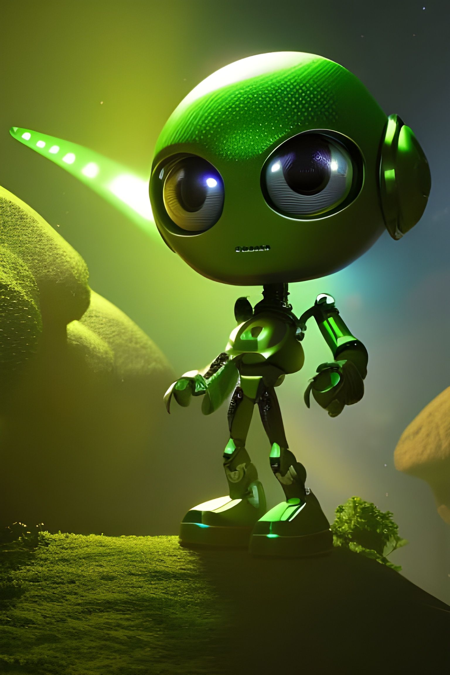 Cute Green Alien Robot with Big Eyes