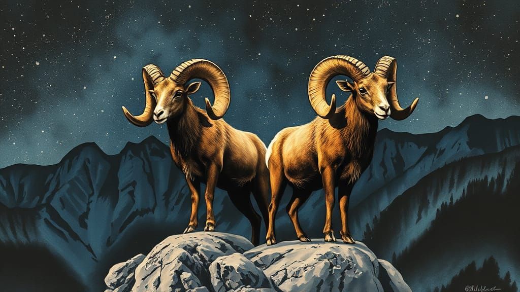 A majestic two-ram big horn sheep stands proudly on a rugged...