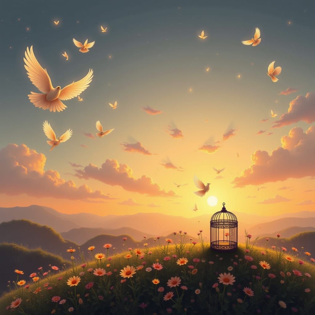 Open Cage at Sunrise Symbolizing Freedom and Hope