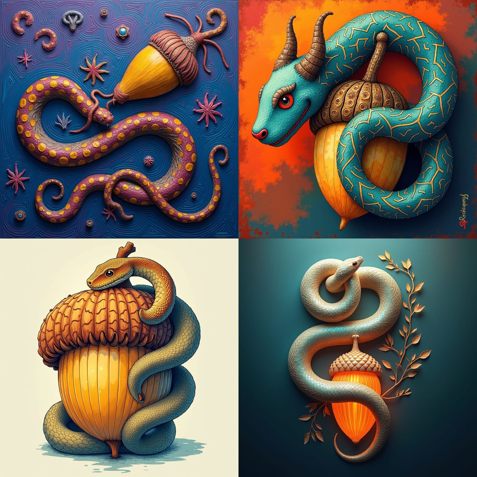 Snakorn: Snake-Acorn Abstract Art in Complementary Colors