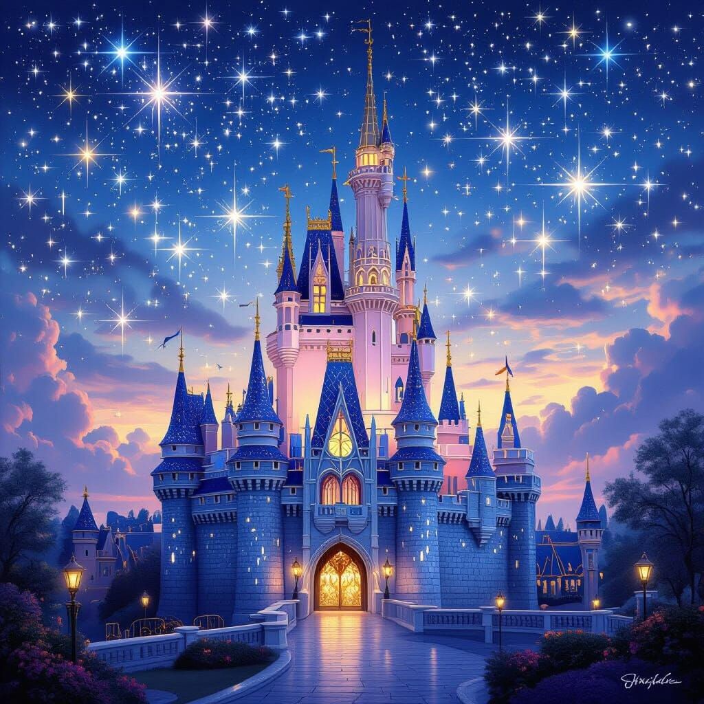 Majestic Princess Castle Under Starry Twilight Sky