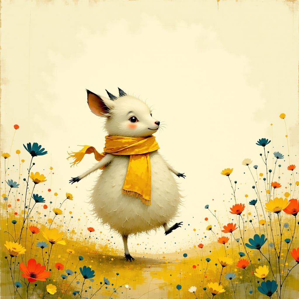 Mr. Tiny Hooves in Vibrant Meadow, Folk Art Style