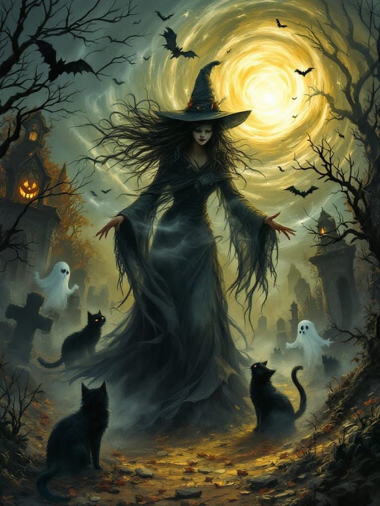 Halloween Witch Casting Spell in Cemetery