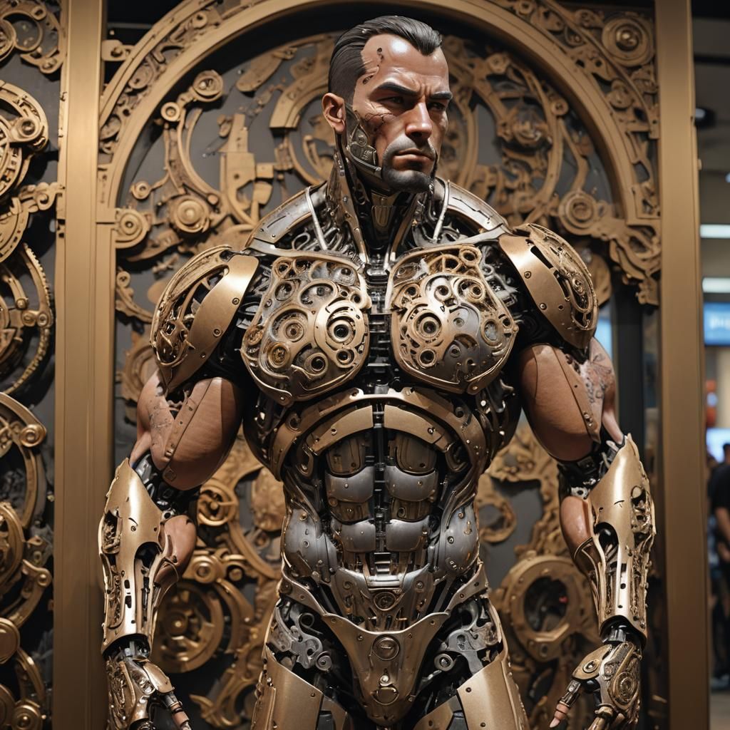 Hyperrealistic Automaton Bodybuilder in Exhibition Display