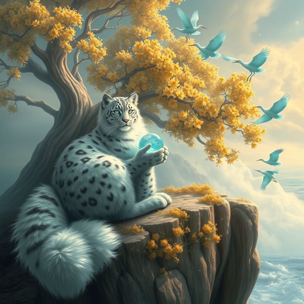 Snow Leopard Cat on Cliff with Golden Flowers