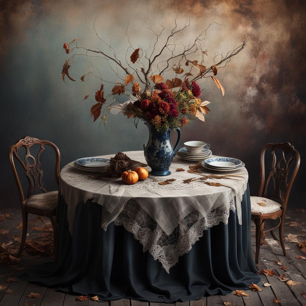 Decaying Still Life: Broken Vase and Dead Flowers