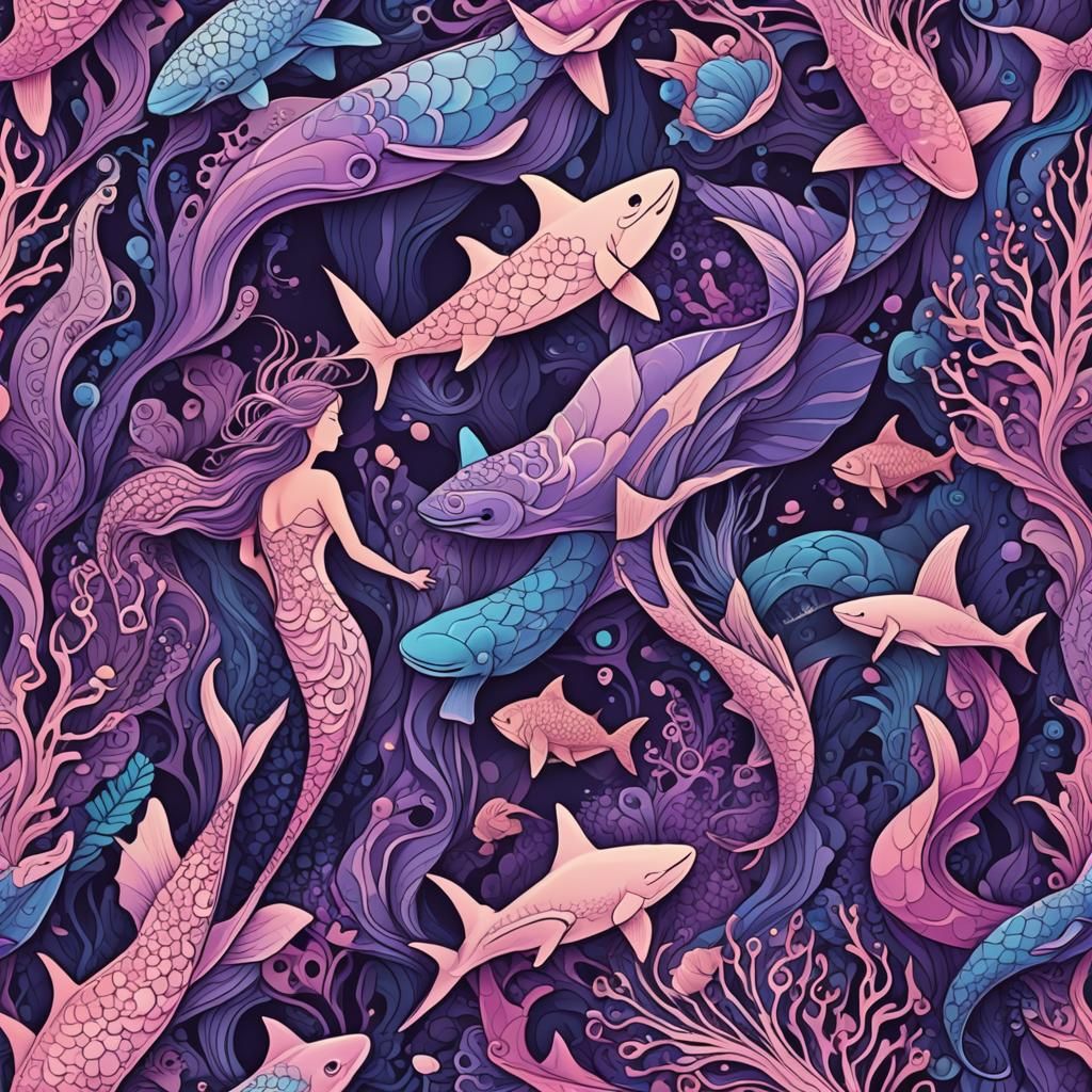 Mermaids and Sharks in Abstract Aquarium
