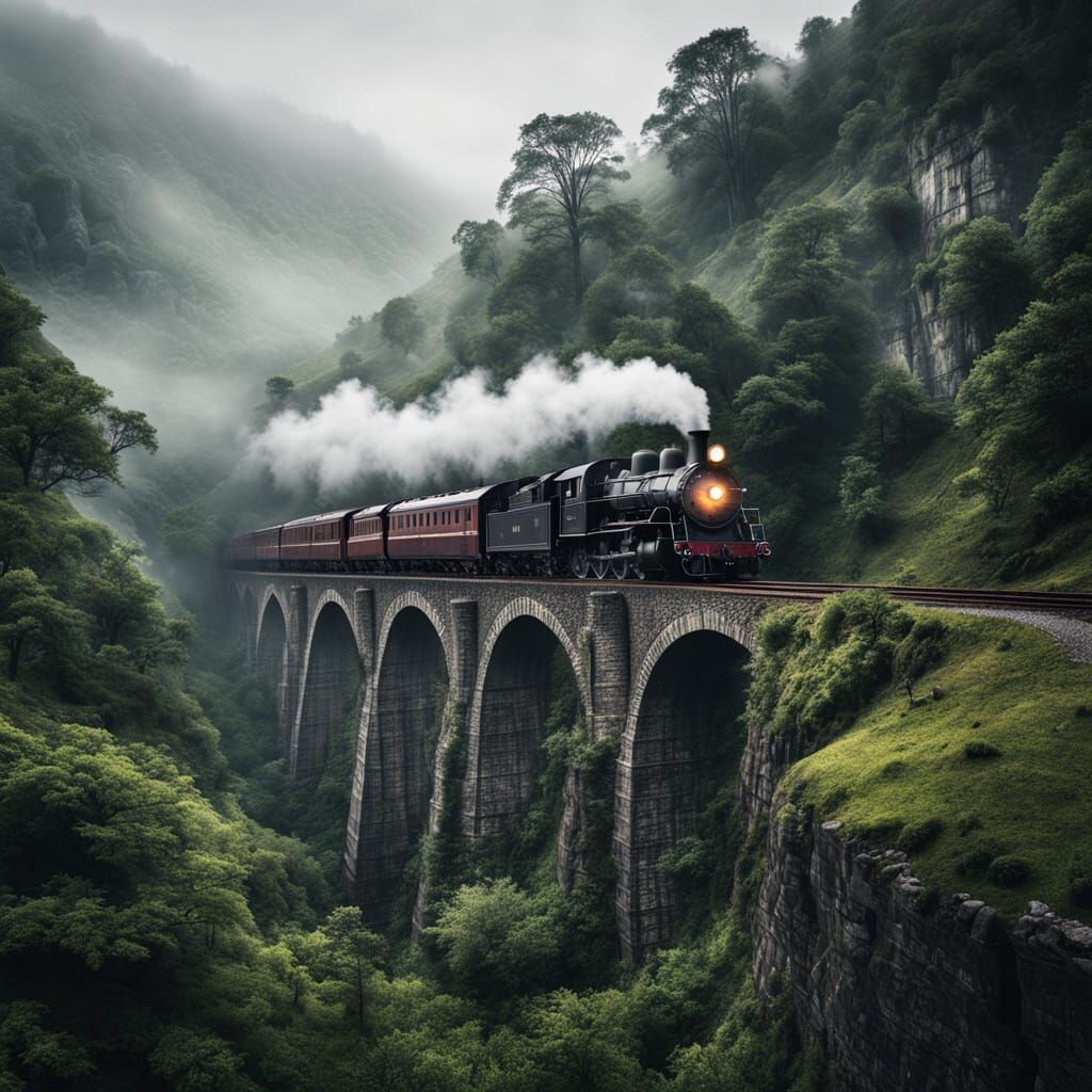 steam train on stone viaduct