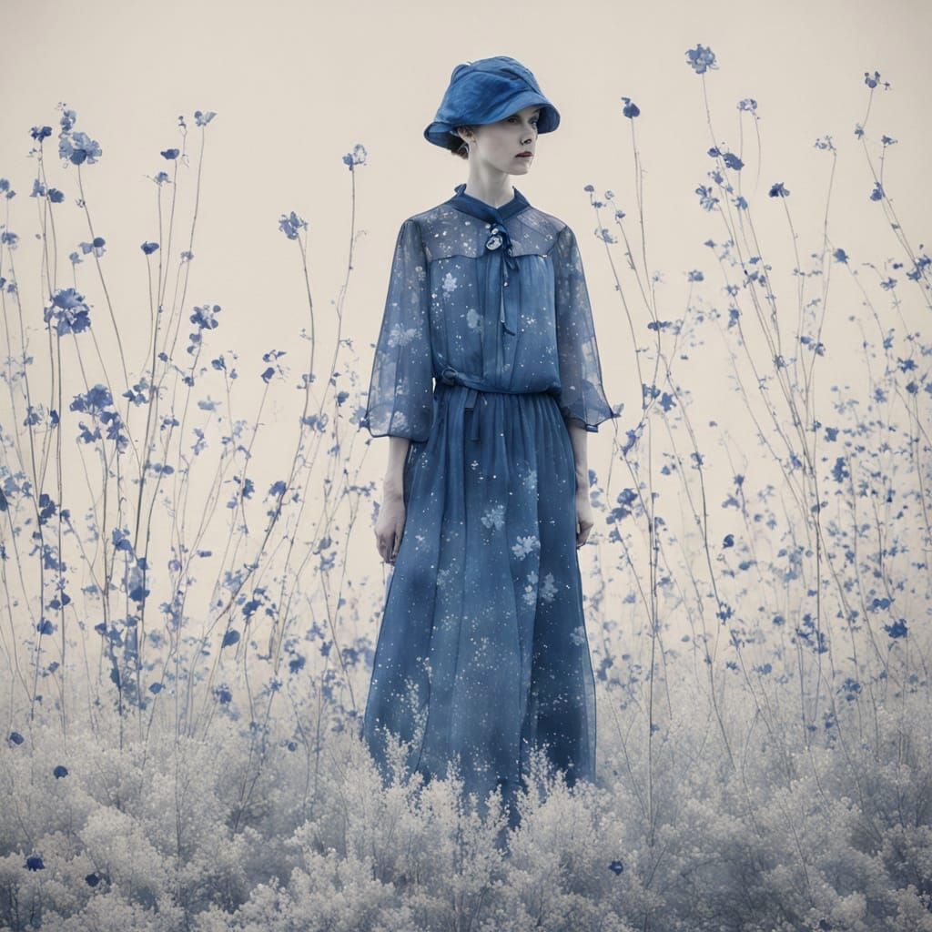 Ethereal Loneliness in Cyanotype Silk Dress