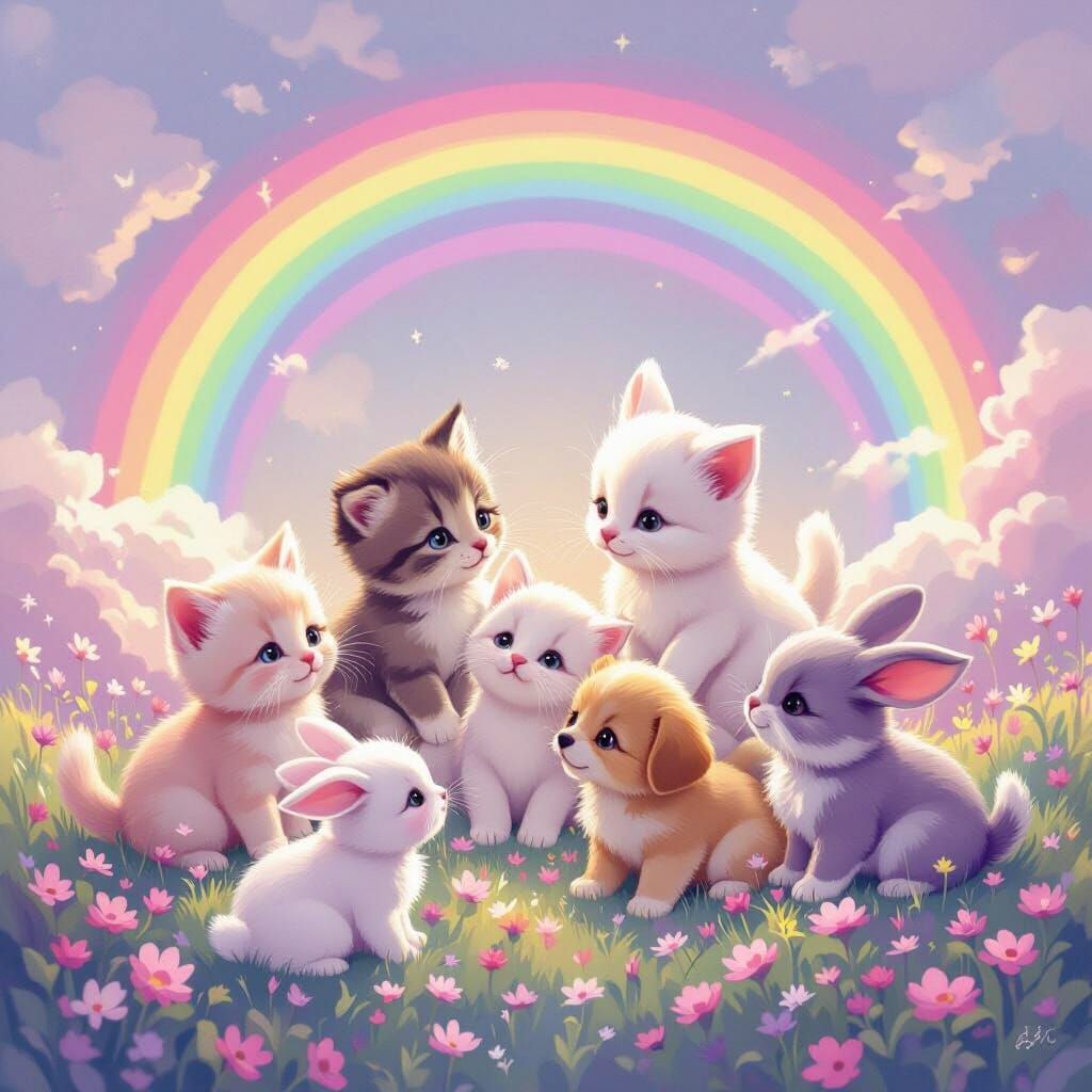 Cute Kittens, Puppies, and Bunnies with Rainbow Background