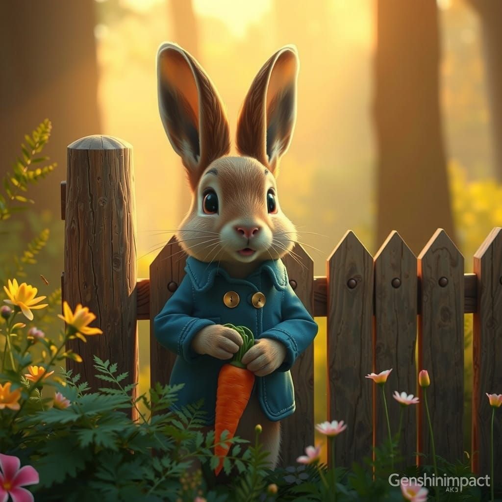 Gentle Rabbit Plucks Carrot from Vibrant Garden in Anime-Ins...
