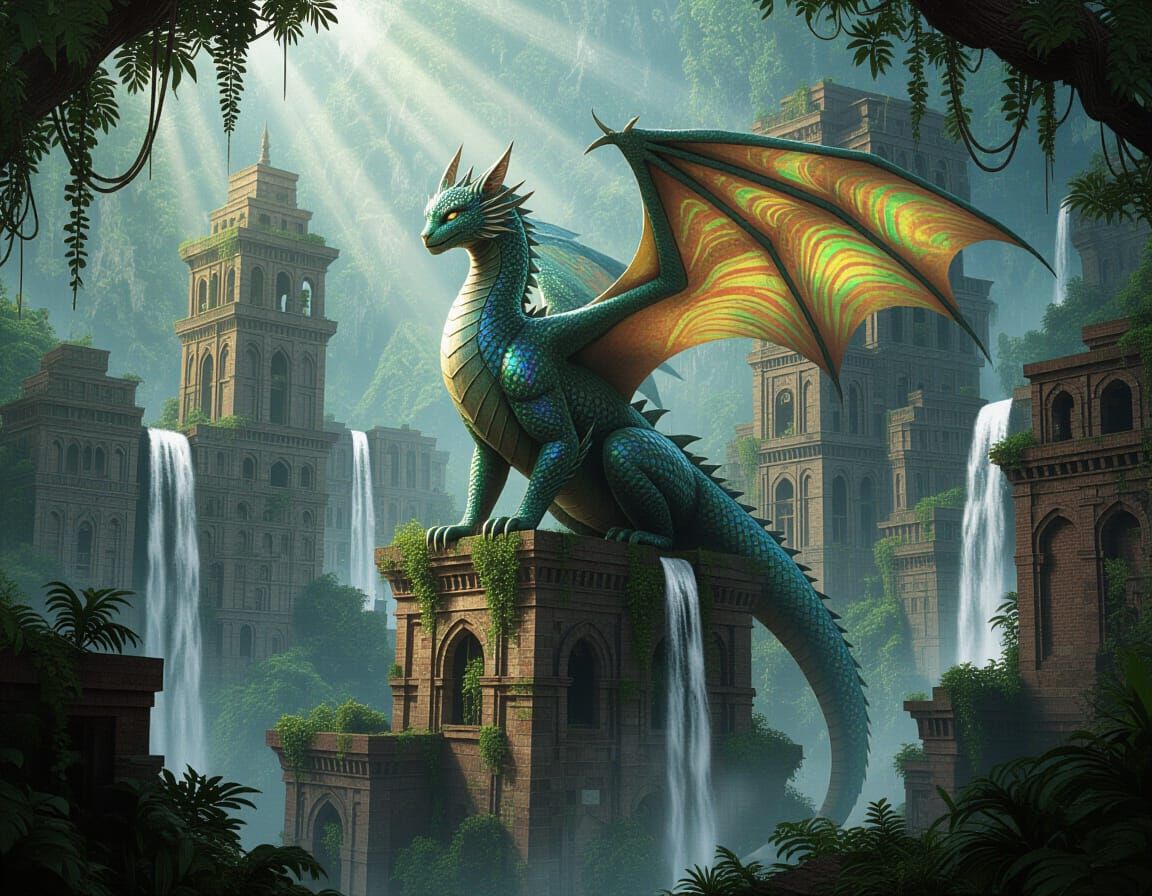 Dragon-Cat Hybrid on Overgrown Metropolis Spires