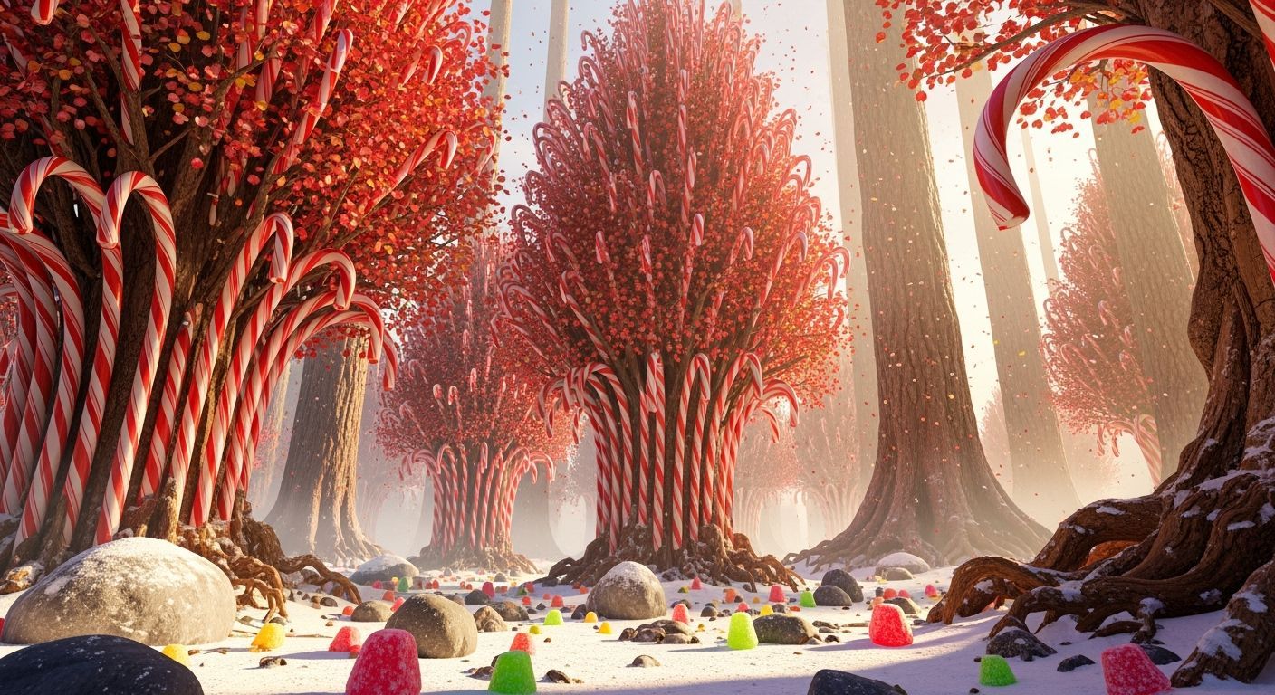 Whimsical Candy Cane Forest in Golden Hour Light
