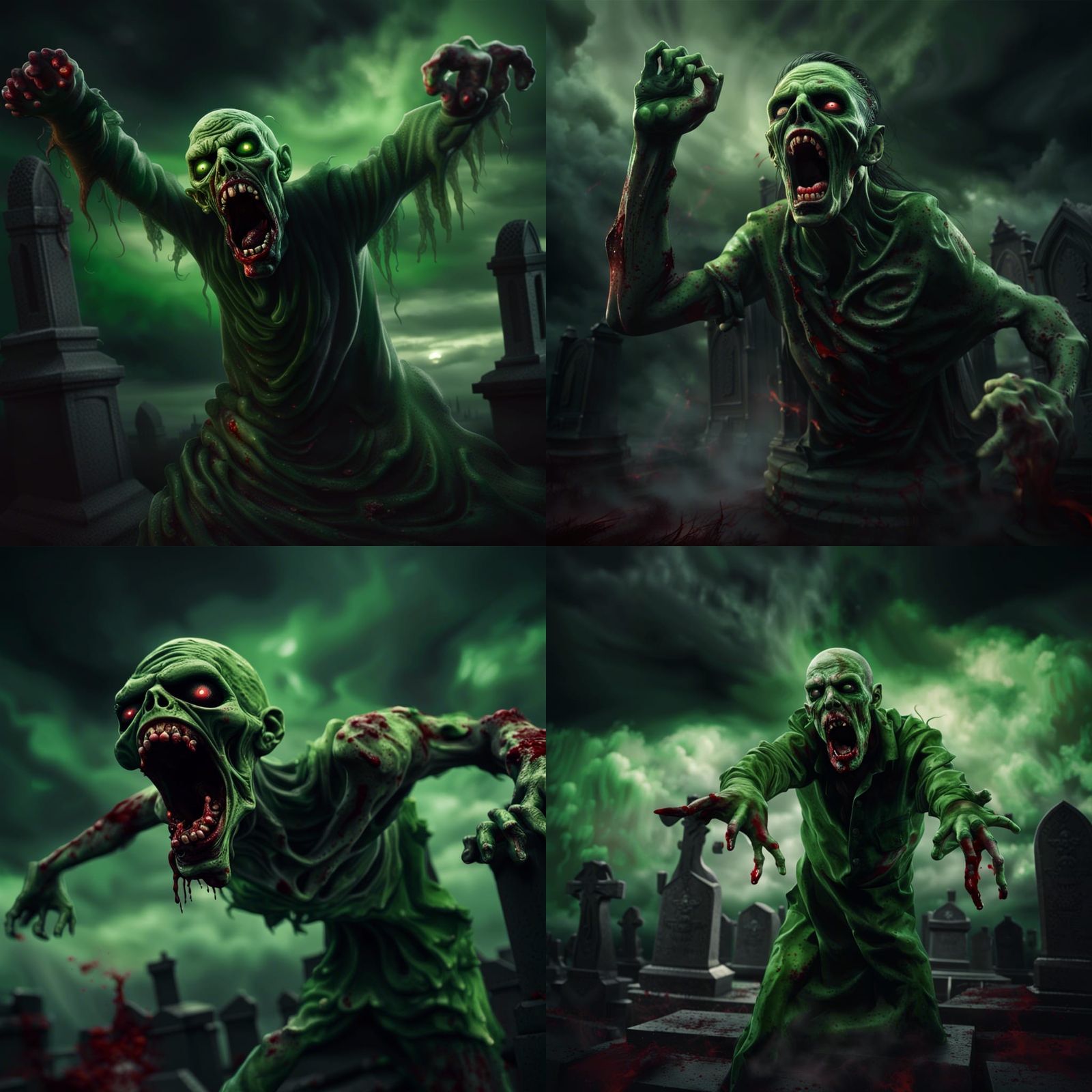 "A green slimy Zombie roaring and stretching its arms, in a dark gloomy graveyard,