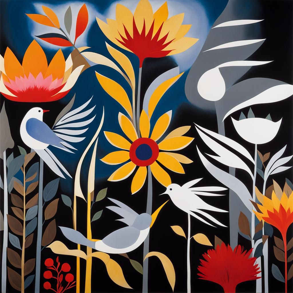 Surreal Photogram of Flowers, Bird, and Feathers