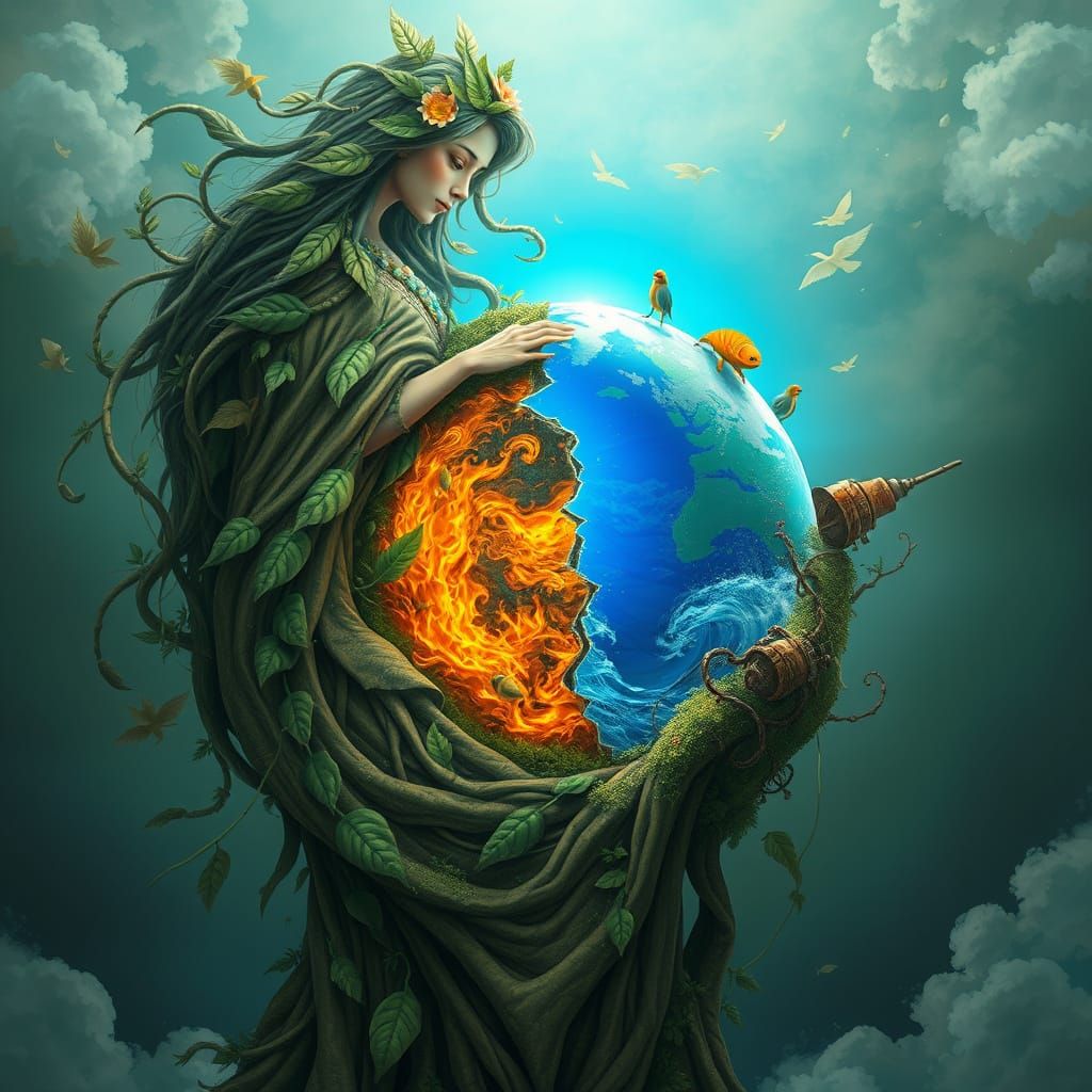 Mother Nature Cradles Earth: An Eco-Futurist Vision
