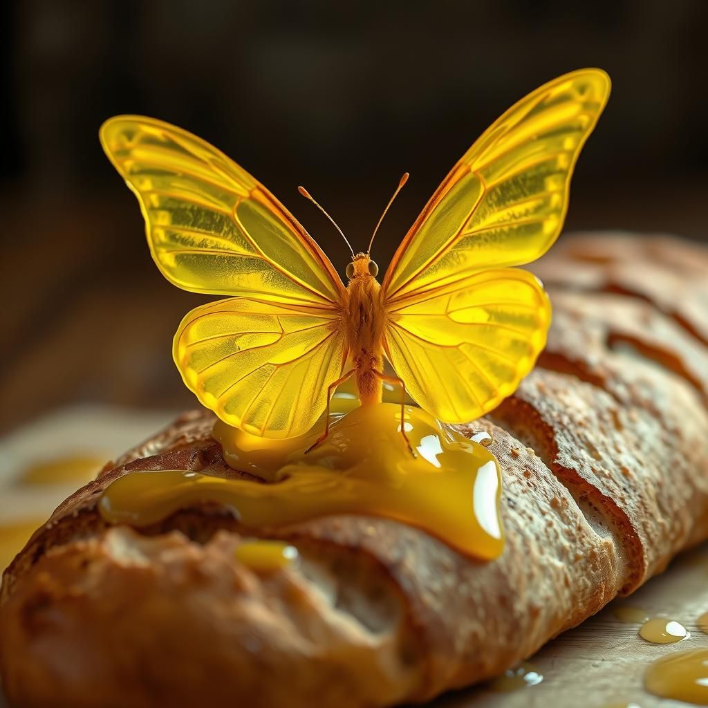 Golden Butter Butterfly on Bread, Surreal Art