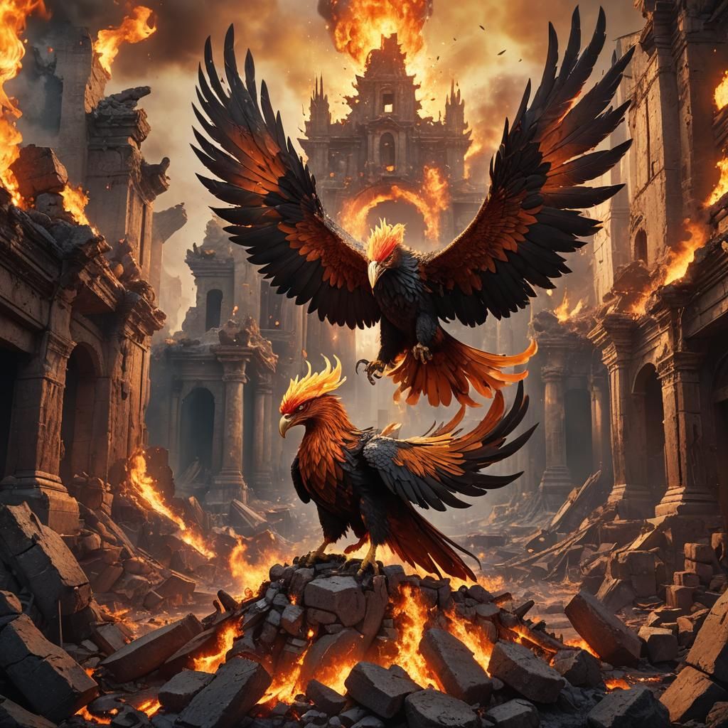 Fiery Phoenix Rising from Ruins: Fantasy Art