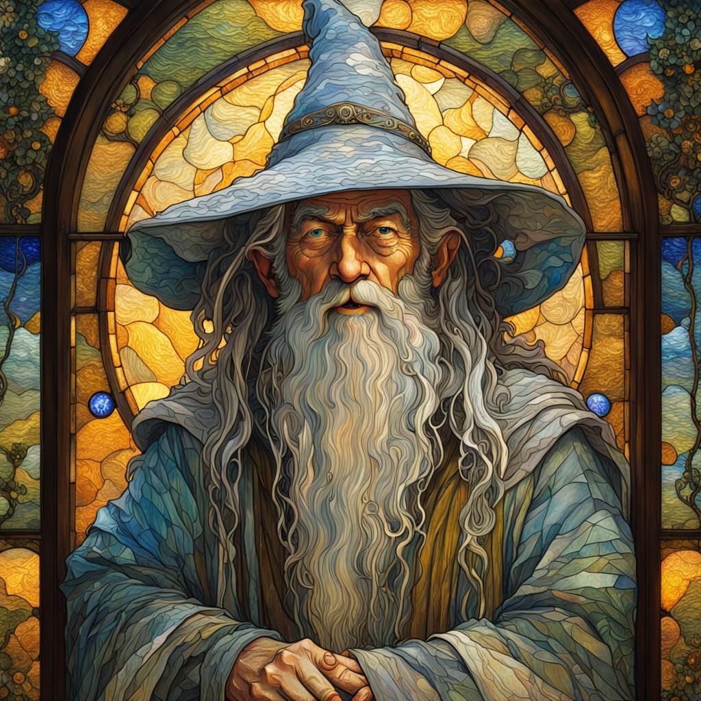 Gandalf Leaded Glass Window in Art Nouveau Style