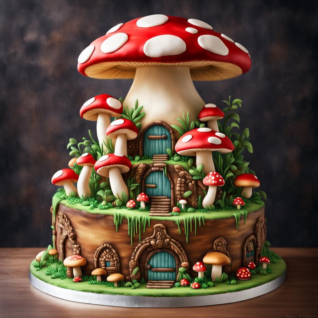 Whimsical Cake Mushroom Kingdom, Photorealistic Photograph