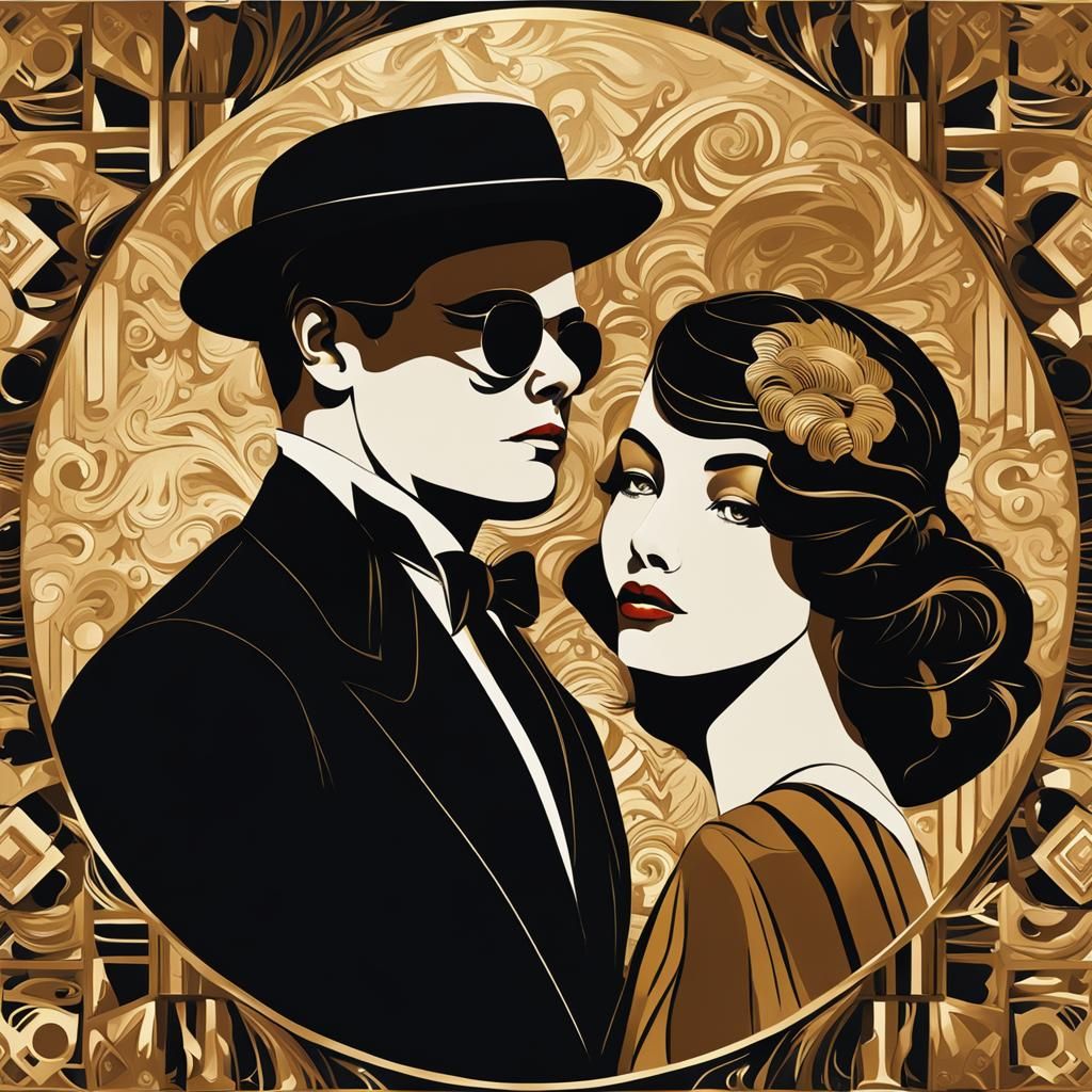 Art Deco Portrait of Woman in Black and Gold