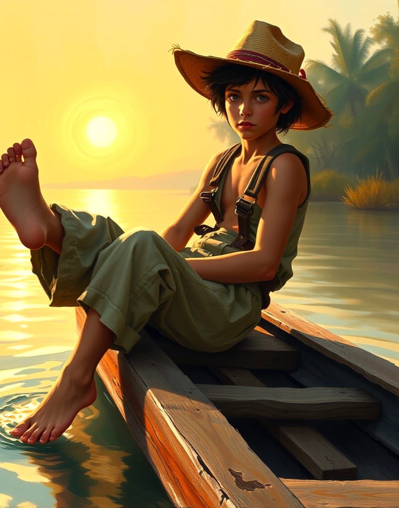 Huckleberry Finn on Raft: 1840s Oil Painting