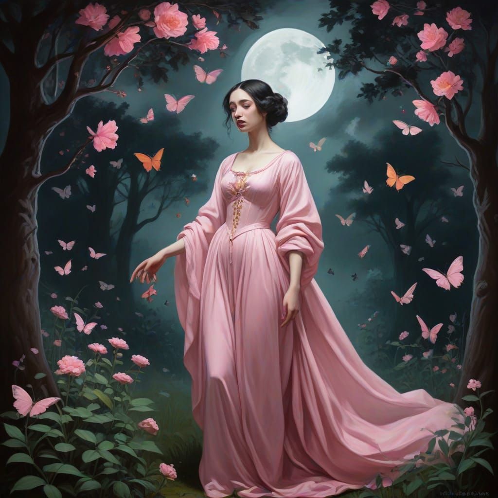 Surreal Goth Garden Under Full Moon, Inspired by Honthorst a...