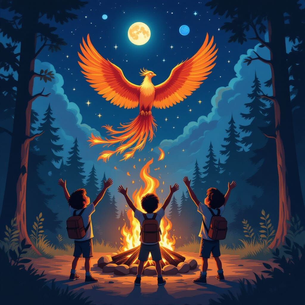 Boys Cheer Phoenix Rebirth in Fantasy Forest