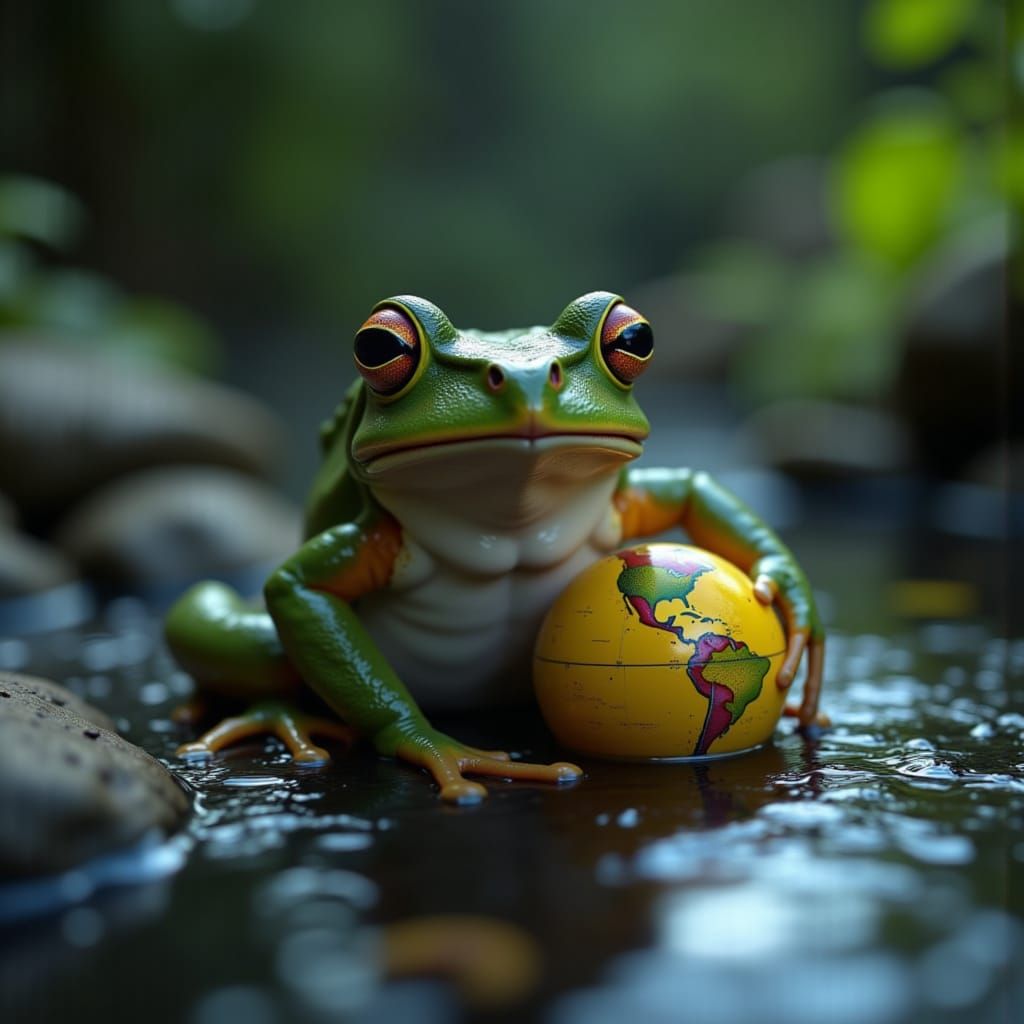 Frog Holds Planet in Stream Micro Photography
