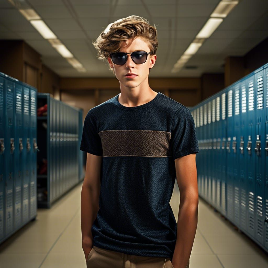 Hyperrealistic Portrait of Boy with Sunglasses in Locker Roo...