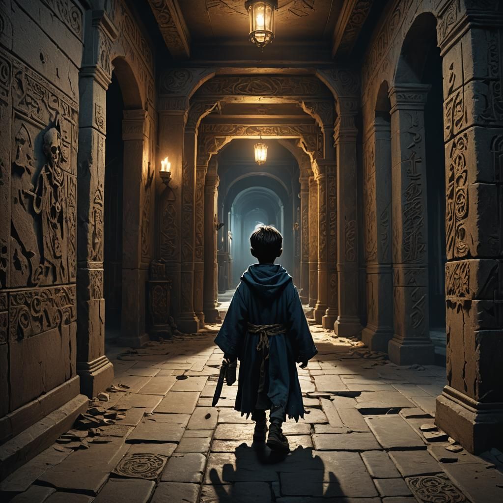 Dark Fantasy: Boy Roaming Haunted Halls
